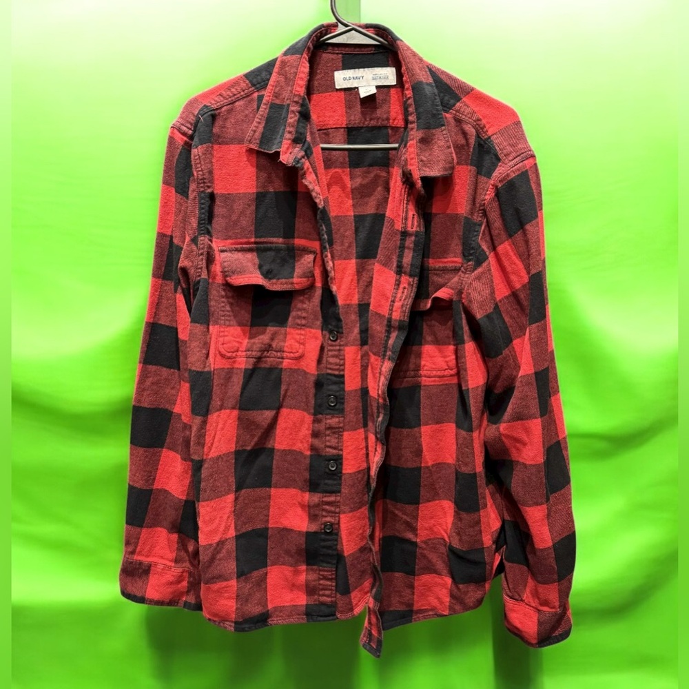 Old Navy flannel Red Black Checkered Button Down LONG SLEEVE Shirt XL